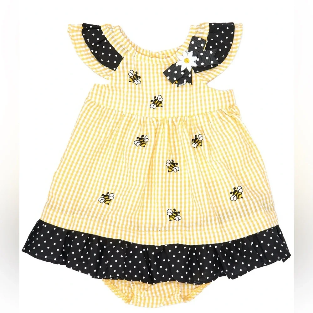 Rare Editions Yellow Seersucker Baby Dress with Bee Pattern